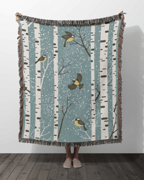 woven blanket birds birch tree