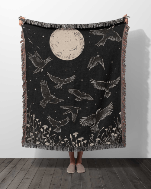 crows flying in the moonlight woven blanket